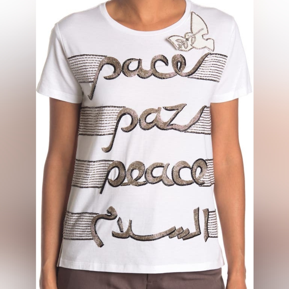 NWT Valentino Natale High Fashion Luxury Beaded Peace Tee T-Shirt one si…